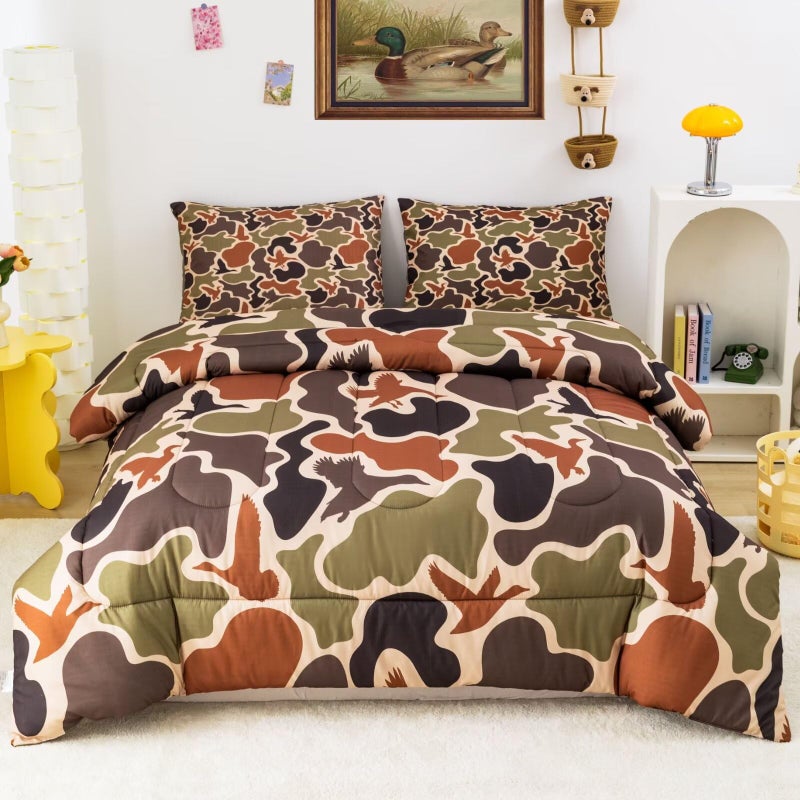 CKOU CCOO Duck Camo Bedding Set Twin Size for Boys Teens Kids, Green Army Camouflage Comforter Set 3Pcs,Duck Hunting Camo Bed Sets, Wild Home Decor Outdoor Camping Gift - Image 1