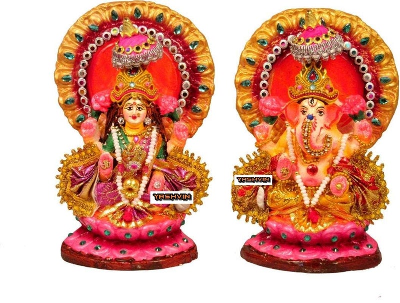 Yashvin® @ Singhasan Vastra Lakshmi Laxmi Ganesh Murti Idol for Diwali Puja, Lakshmi Ganesh Murti for Home Office Diwali Decoration Items, Handmade Terracotta Clay Statue, Pooja Idols || AUS4 - Image 2