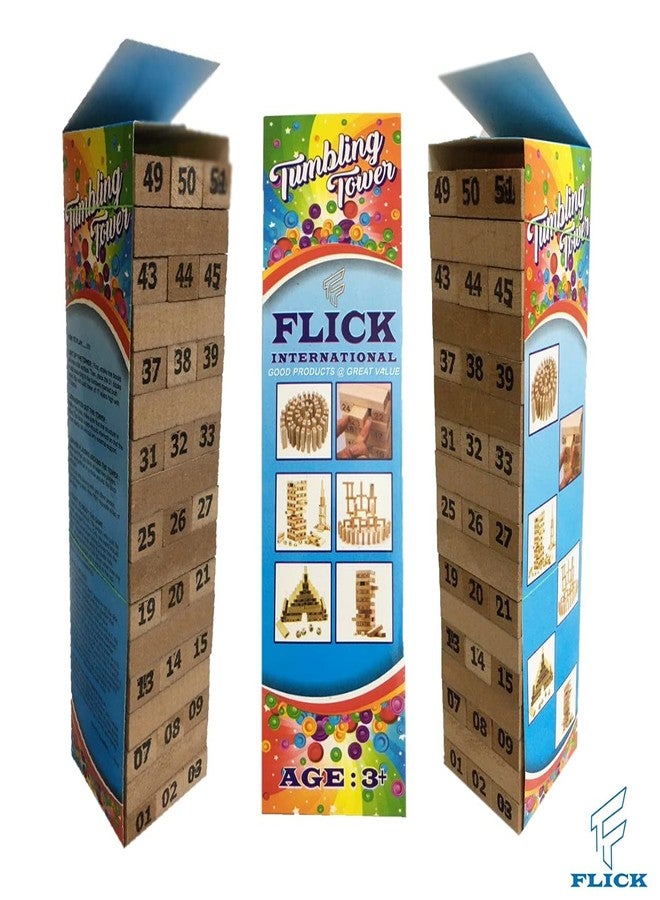 FLICK برج فليك المتدحرج - 51 مكعبًا خشبيًا (الحجم: 7.5 × 2.5 × 1.5 سم) لعبة للأطفال والكبار. لعبة حفلات. يمكن لعبها في الداخل أو الخارج. أفضل هدية عيد ميلاد للأطفال (TUB-111) - Image 2