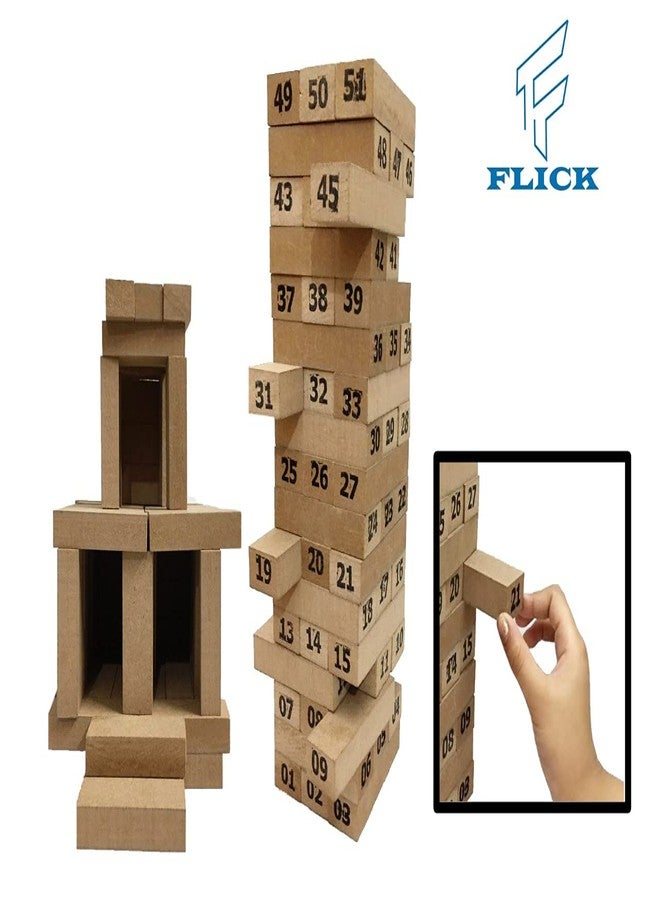FLICK برج فليك المتدحرج - 51 مكعبًا خشبيًا (الحجم: 7.5 × 2.5 × 1.5 سم) لعبة للأطفال والكبار. لعبة حفلات. يمكن لعبها في الداخل أو الخارج. أفضل هدية عيد ميلاد للأطفال (TUB-111) - Image 4