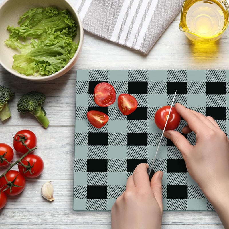 Lunarable Plaid Cutting Board Monochrome Traditional Lumberjack Pattern Repating Checkered Squares Design Decorative Tempered Glass Cutting and Serving Board Large Size Grey Black - Image 3