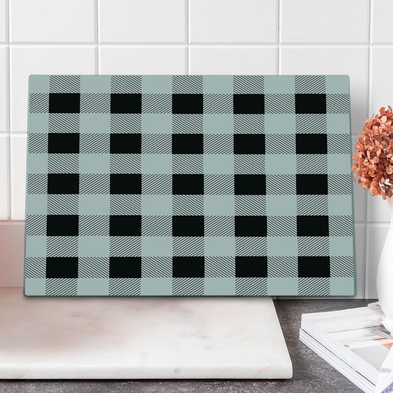 Lunarable Plaid Cutting Board Monochrome Traditional Lumberjack Pattern Repating Checkered Squares Design Decorative Tempered Glass Cutting and Serving Board Large Size Grey Black - Image 1
