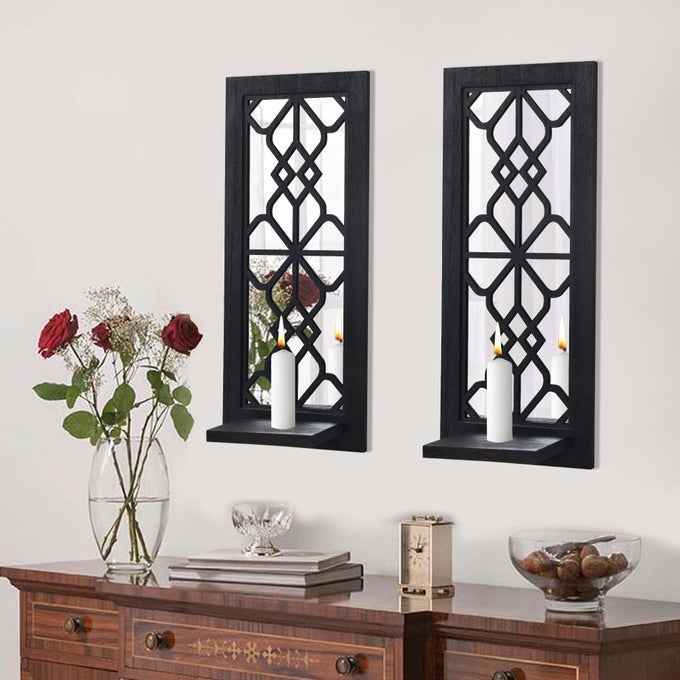 WOOD WALL SCONCE CANDLE HOLDER SET 2 RUSTIC WALLMOUNT FARMHOUSE HANGING WALL DCOR CARVED WOOD FRAME MIRRORED CANDLE HOLDER BLACK