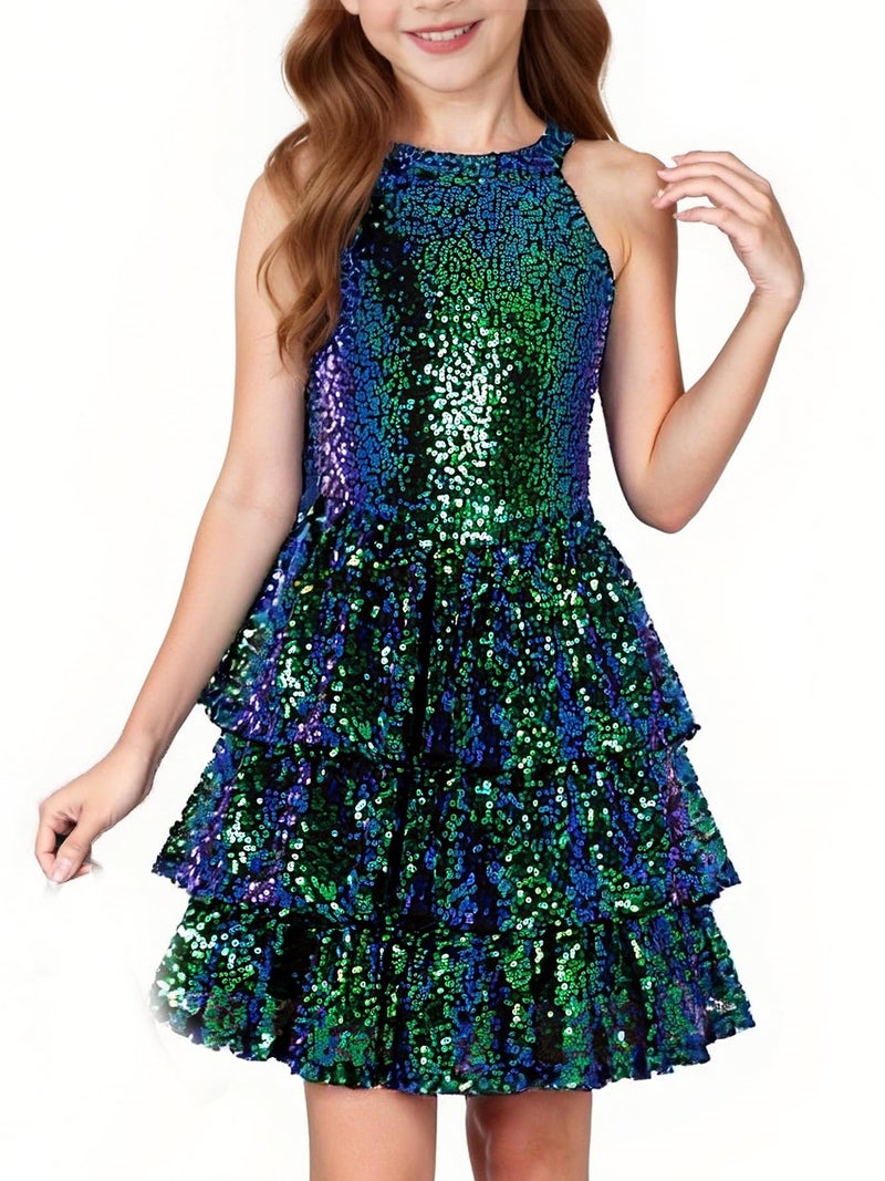 GRACE KARIN Girls Sequin Dresses Halter Neck Fashion Special Occasion Birthday Party Formal Holiday Teen Dress Size 5-14, Colorful Green, 12-14 Years - Image 1