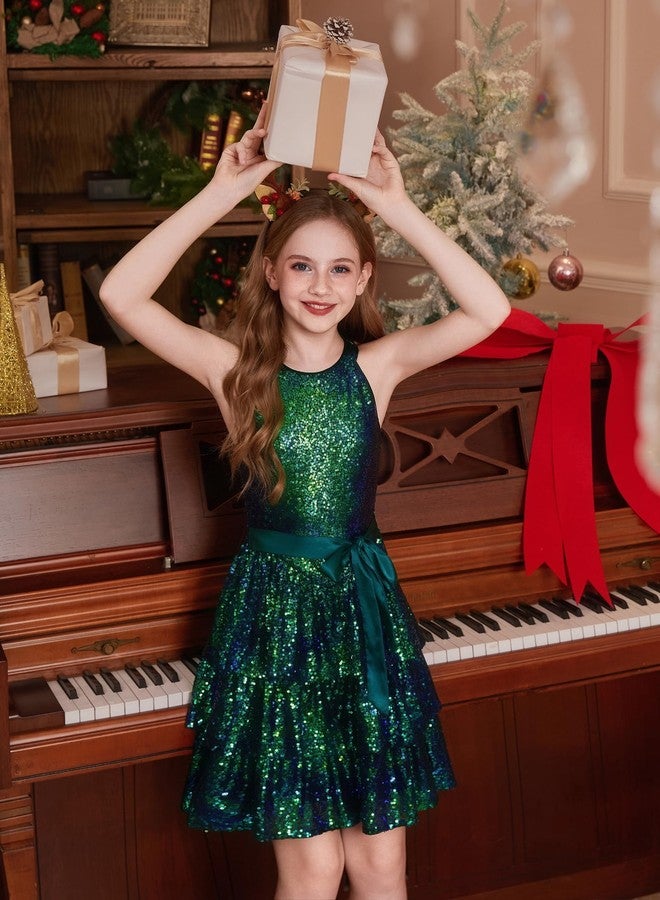 GRACE KARIN Girls Sequin Dresses Halter Neck Fashion Special Occasion Birthday Party Formal Holiday Teen Dress Size 5-14, Colorful Green, 12-14 Years - Image 3