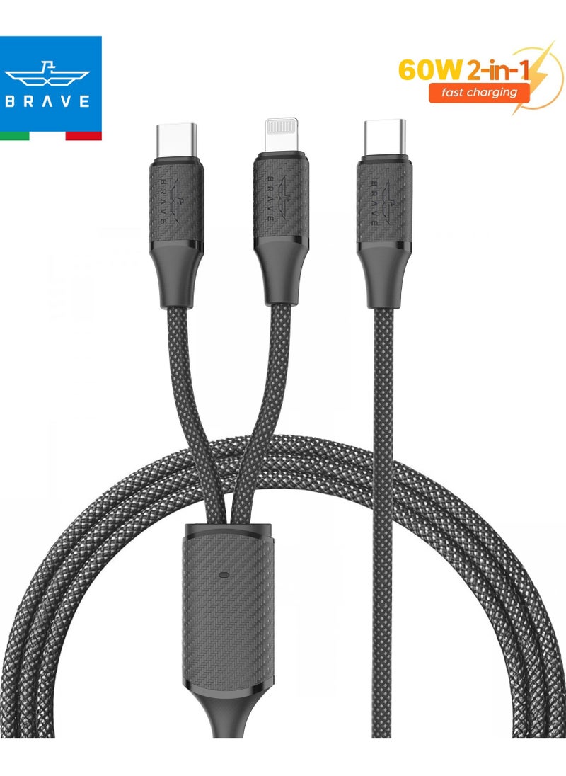 Brave 2-in-1 Fast Charging Data Cable – Type C to Type C & Lightning, 3A 60W, Durable Braided Nylon, Fast Charge and Data Transfer for Smartphones, Tablets, Laptops, Compatible with iPhone, Samsung, MacBook, iPad, and More (1.2M-Black)  - Image 1