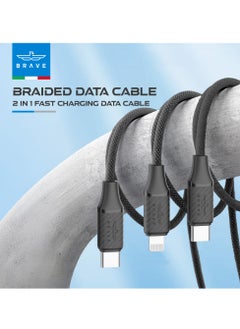 Brave 2-in-1 Fast Charging Data Cable – Type C to Type C & Lightning, 3A 60W, Durable Braided Nylon, Fast Charge and Data Transfer for Smartphones, Tablets, Laptops, Compatible with iPhone, Samsung, MacBook, iPad, and More (1.2M-Black)  - Image 3