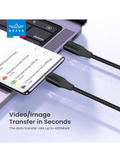 Brave 2-in-1 Fast Charging Data Cable – Type C to Type C & Lightning, 3A 60W, Durable Braided Nylon, Fast Charge and Data Transfer for Smartphones, Tablets, Laptops, Compatible with iPhone, Samsung, MacBook, iPad, and More (1.2M-Black)  - Image 5