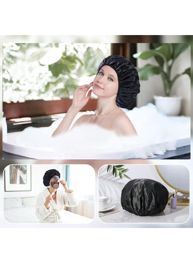 Terry Lined Shower Cap,Triple Layer Large Cap for Women,Shower Cap Reusable Waterproof,Long Thick Hair(Black) - Image 2