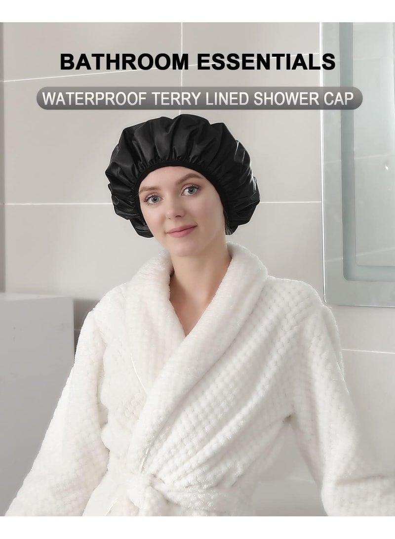 Terry Lined Shower Cap,Triple Layer Large Cap for Women,Shower Cap Reusable Waterproof,Long Thick Hair(Black) - Image 3