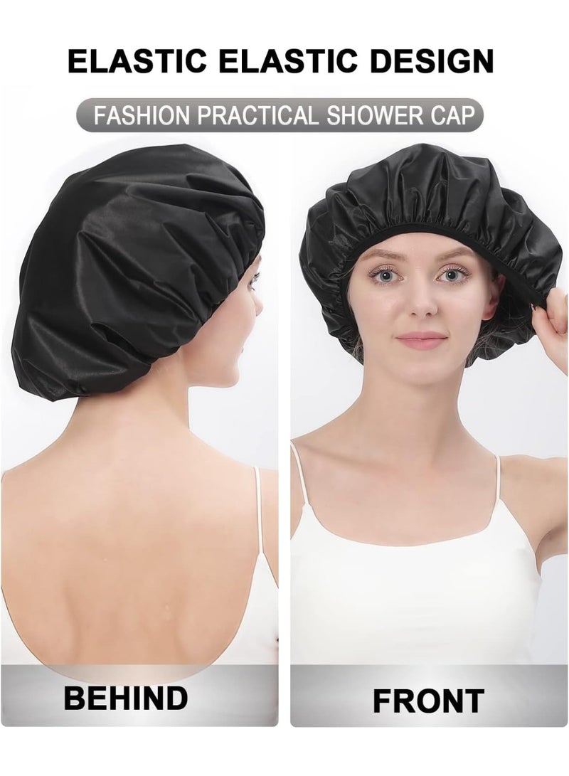 Terry Lined Shower Cap,Triple Layer Large Cap for Women,Shower Cap Reusable Waterproof,Long Thick Hair(Black) - Image 5