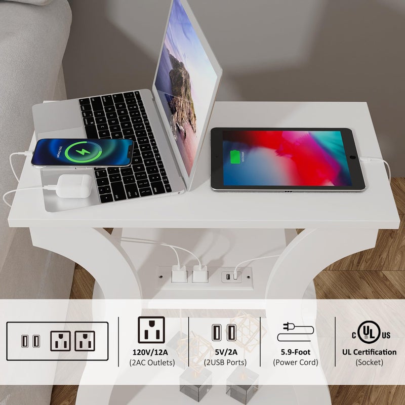 FROMJBEST End Tables Living Room, White End Table with Charging Station,White Side Table, Nightstand for Bedroom, 3 Tier End Table with Storage Shelf for Living Room - Image 5