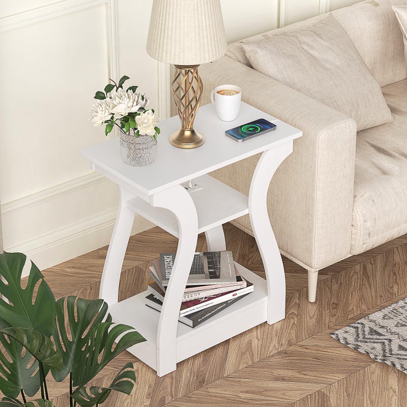 FROMJBEST End Tables Living Room, White End Table with Charging Station,White Side Table, Nightstand for Bedroom, 3 Tier End Table with Storage Shelf for Living Room - Image 4