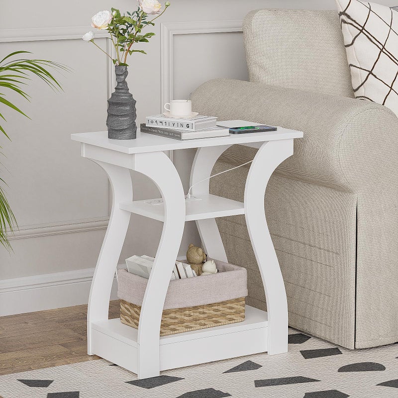 FROMJBEST End Tables Living Room, White End Table with Charging Station,White Side Table, Nightstand for Bedroom, 3 Tier End Table with Storage Shelf for Living Room - Image 1