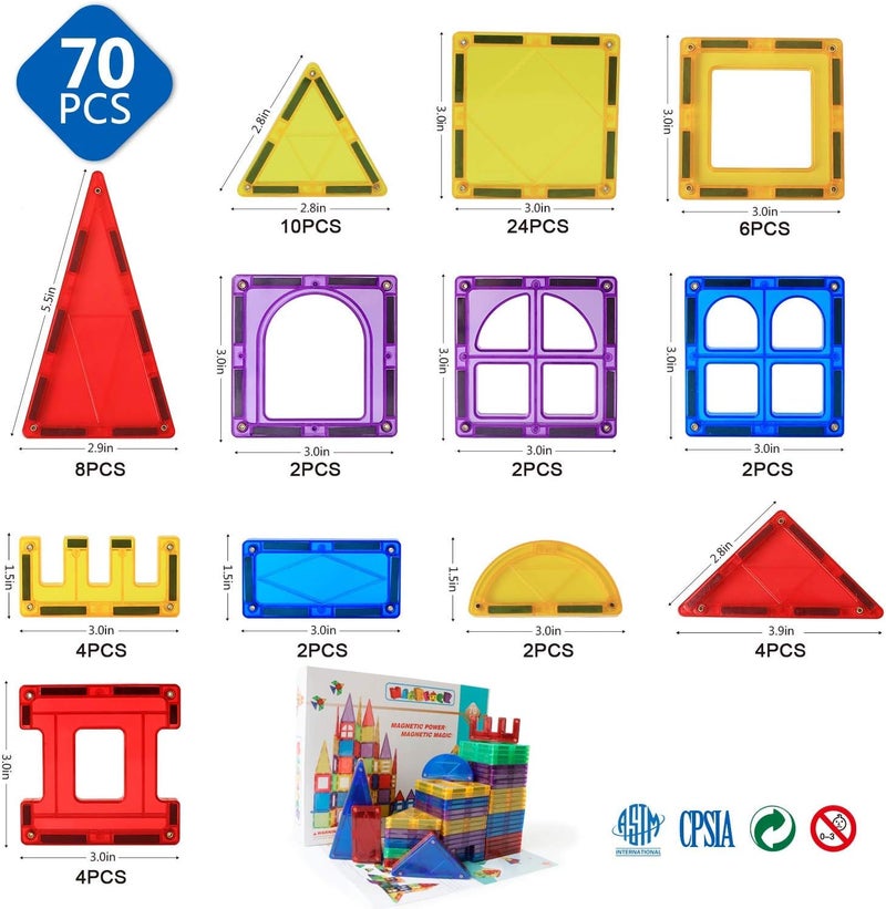Magblock Magnetic Blocks - Magnetic Toys for Toddlers Kids Magnetic Building Blocks Preschool Magnet Set Magnetic Stem Toys 70 Pieces - Image 2