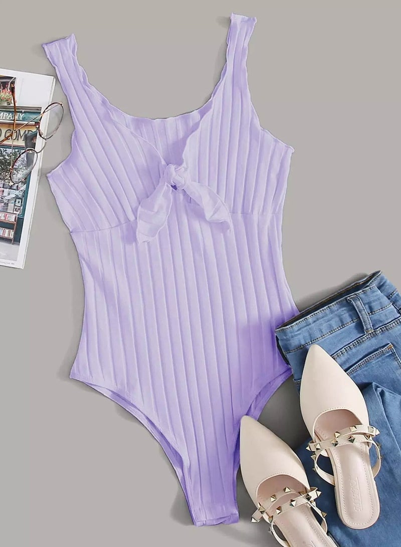 Tie Front Lettuce Edge Rib-knit Bodysuit - Image 1