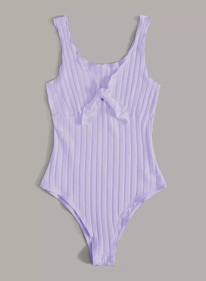 Tie Front Lettuce Edge Rib-knit Bodysuit - Image 5