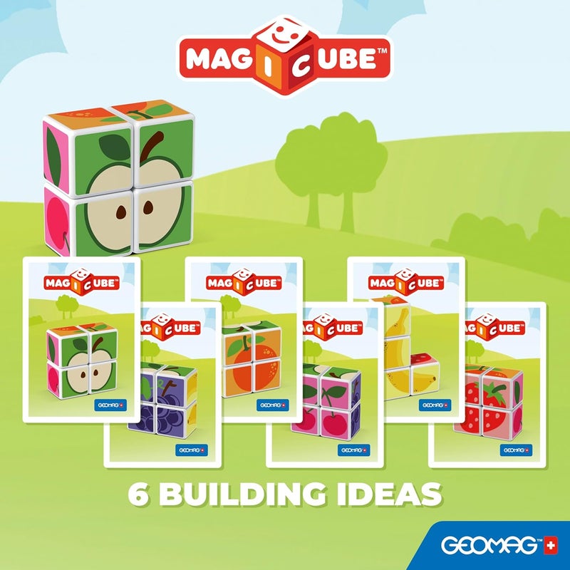 GEOMAG Magicube Printed Fruit Building Set + Idea Cards | STEM Educational Magnet Toys, Swiss-Made 100% Recycled Magnetic Toys, Open-Ended Construction Educatioal Toy, Ages 1yr+, 6 Cubes, 3 Cards - Image 3