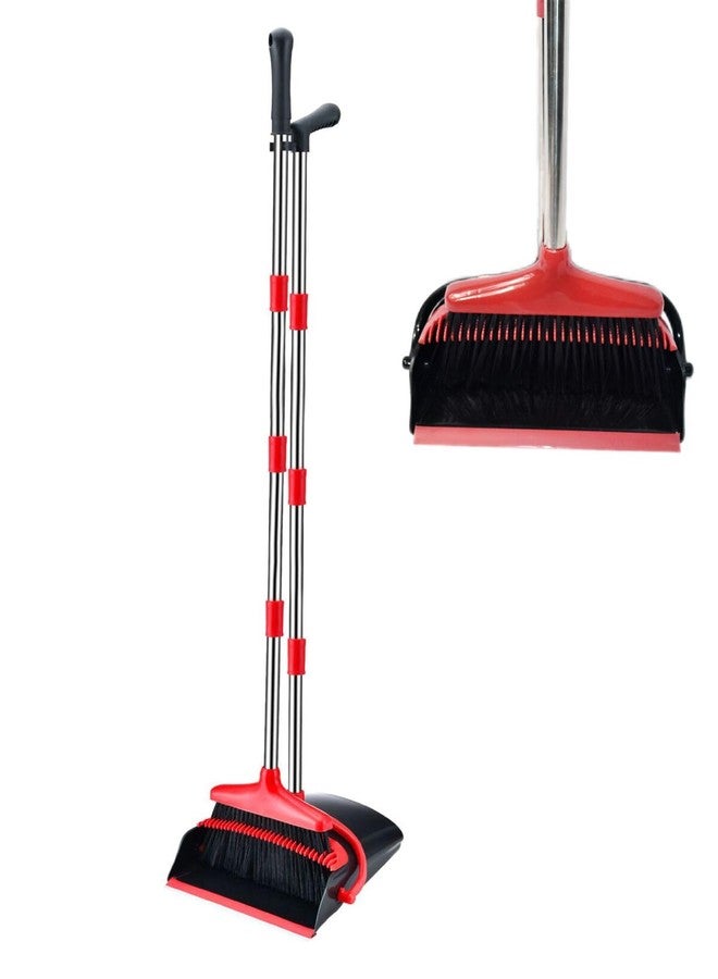 Xifando Broom and Dustpan Set, Stand Upright Windproof Dustpan, Long Handle Broom and Dustpan with Teeth for Home Kitchen Room Office Lobby Floor Cleaning (Black+Red) - Image 1