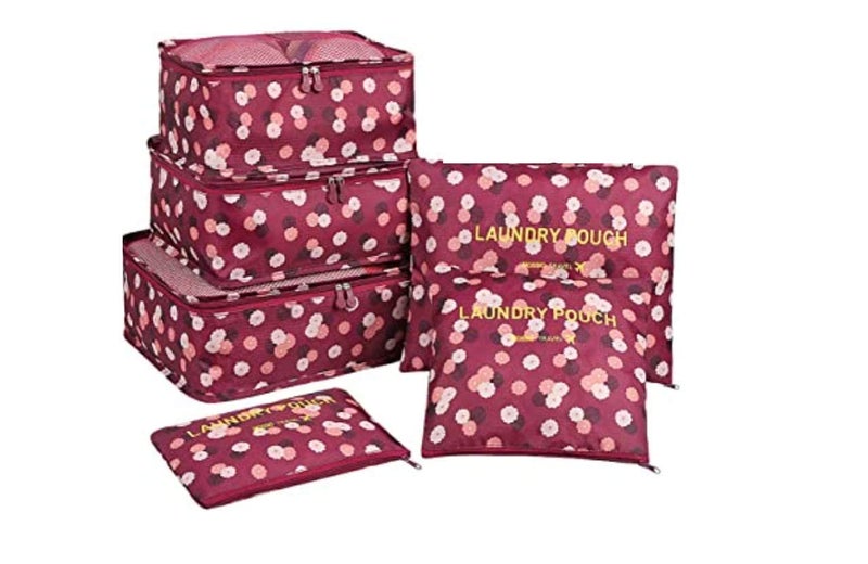 Flywind Laundry Pouch Set of 6 Travel Organizer Printed Design Travel Organizers Packing Cubes Laundry Bag Luggage Compression Pouches Waterproof Travel Cubes Pouches Shoe Bag Maroon - Image 4