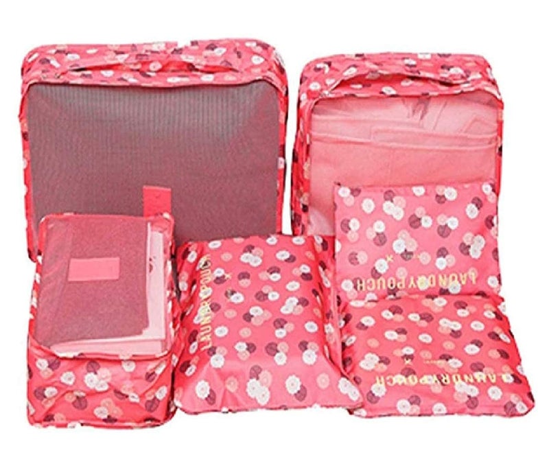 Flywind Laundry Pouch Set of 6 Travel Organizer Printed Design Travel Organizers Packing Cubes Laundry Bag Luggage Compression Pouches Waterproof Travel Cubes Pouches Shoe Bag Maroon - Image 1