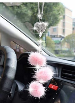 Y&D Bling Car Mirror Accessories For Women And Men Love Heart Pink Plush Ball Rinestones Diamond Crystal Rear View Charms Lucky Hanging  - Image 1