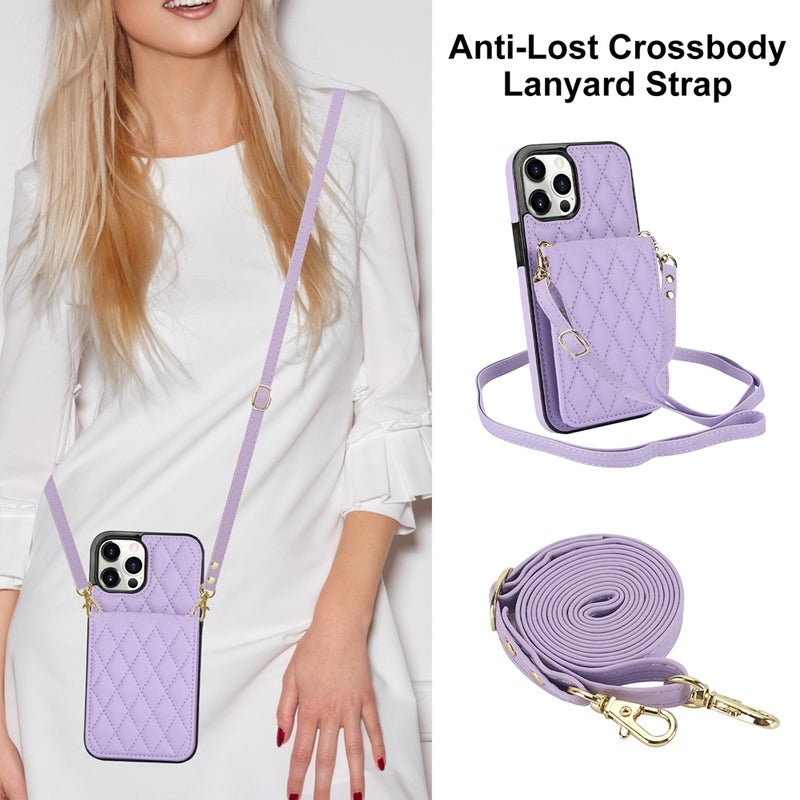 HuHa Protective Cover For iPhone 13 Pro YM015 Crossbody Rhombic Card Bag RFID Phone Case(Light Purple) - Image 2