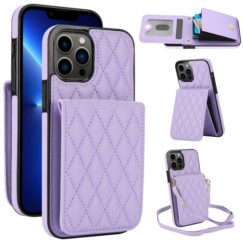 HuHa Protective Cover For iPhone 13 Pro YM015 Crossbody Rhombic Card Bag RFID Phone Case(Light Purple) - Image 1