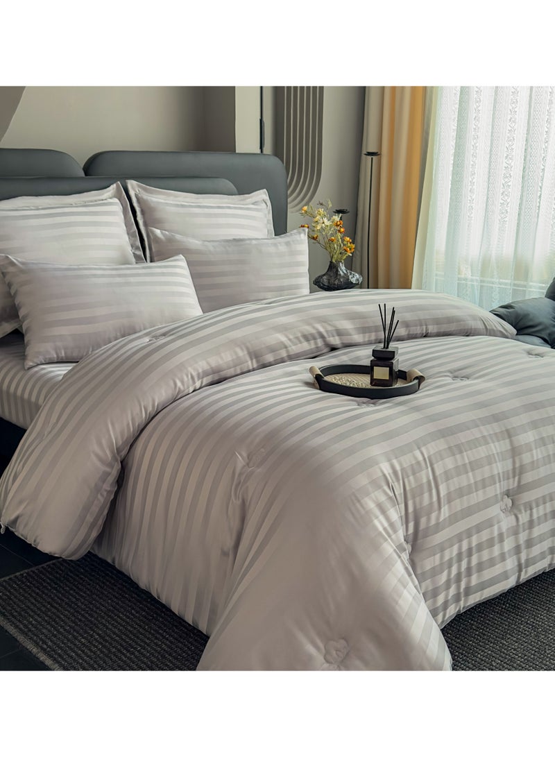 Santaoche Home Microfiber 3cm satin stripe Hotel Comforter Sets, Fits 200 cm x 200 cm Size Bed, Duvet Filling Included, 6 Pcs King Size (GREY, 200 x 200 cm) - Image 1