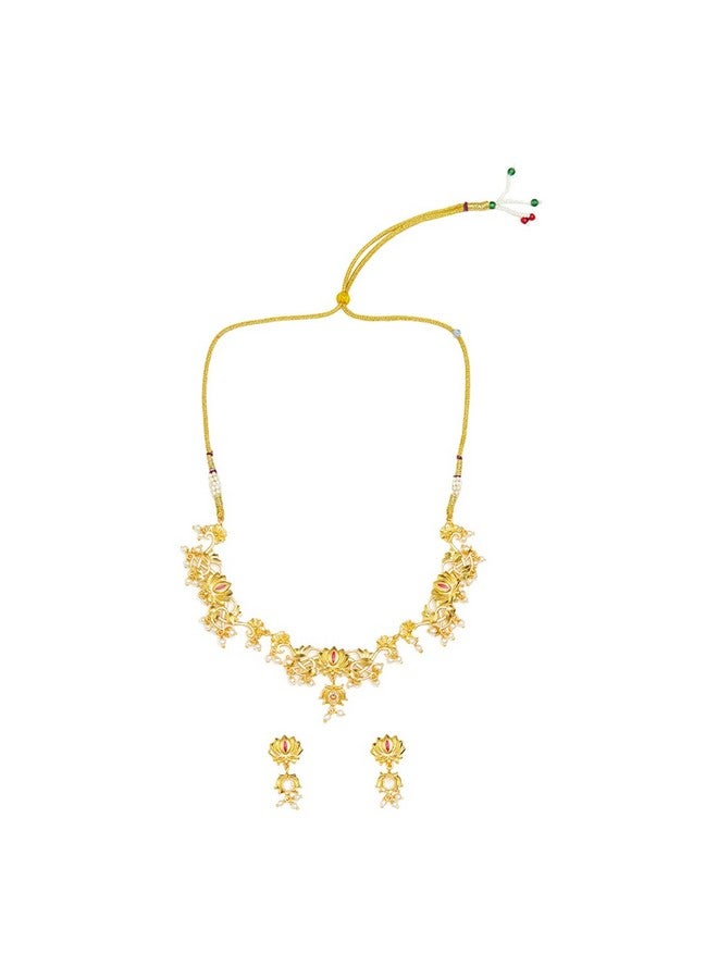 VOYLLA VoyllaApsara Faux Pearls Adorned Brass Lotus Motifs Gold Plated Jewellery Set - Image 4