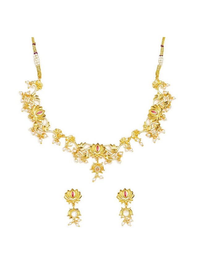 VOYLLA VoyllaApsara Faux Pearls Adorned Brass Lotus Motifs Gold Plated Jewellery Set - Image 1