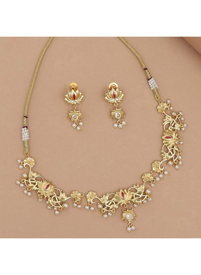 VOYLLA VoyllaApsara Faux Pearls Adorned Brass Lotus Motifs Gold Plated Jewellery Set - Image 2