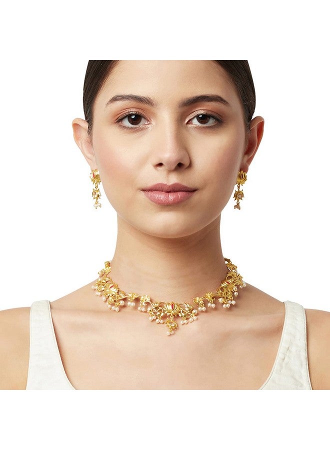 VOYLLA VoyllaApsara Faux Pearls Adorned Brass Lotus Motifs Gold Plated Jewellery Set - Image 3