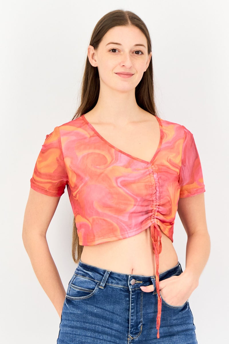 Missguided Women V-Neck Short Sleeve Mesh Crop Top, Multicolor - Image 1