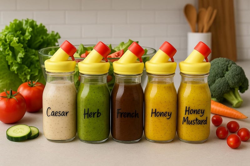kitchentoolz Salad Dressing Shaker Bottle – 12oz Glass Bottle with Silicone Pour Spout and Tamper-Proof Lid for Sauces and Marinades - Pack of 4 - Image 1