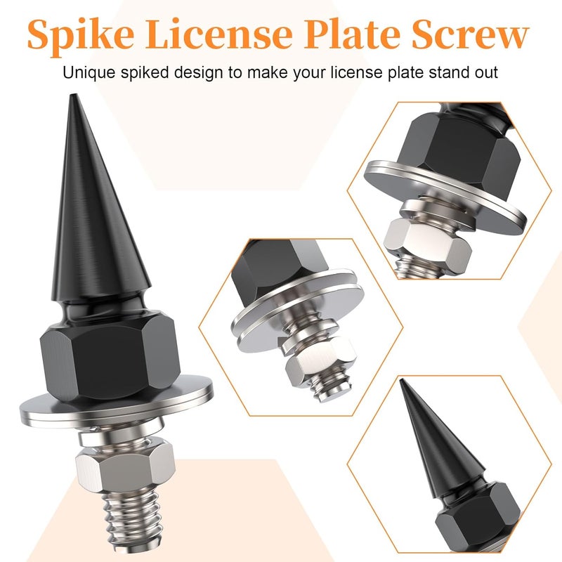 Sixzoo 4 PCS Motorcycle License Plate Bolts, Anti Theft License Plate Screws, Spike License Plate Screw Fasteners Kit, Vehicle Accessories Fit Most Motorcycle/Cars/Truck (Black) - Image 4