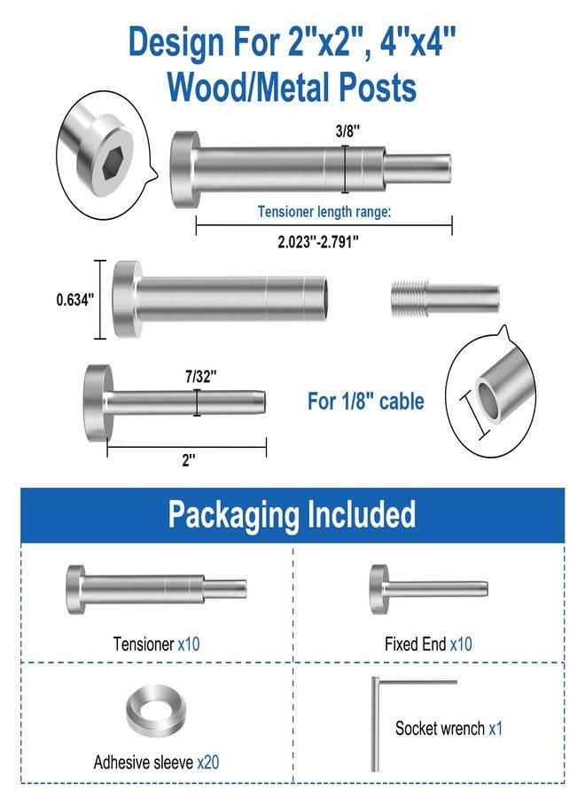 BLIKA Upgraded 10 Pairs 1/8" Invisible Cable Railing Kit, Hidden Swage Tensioner and Ends for 2"x2", 4''x4'' Wood & Metal Posts, T316 Stainless Steel, 4''x4'' Deck Stair Cable Railing Hardware - Image 2