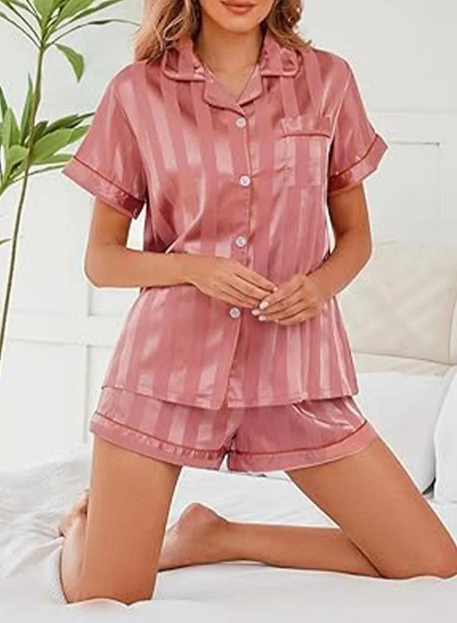 Take Two Pink Pink Striped Pattern Piping Shirt and Shorts Set for Women | Best Price UAE