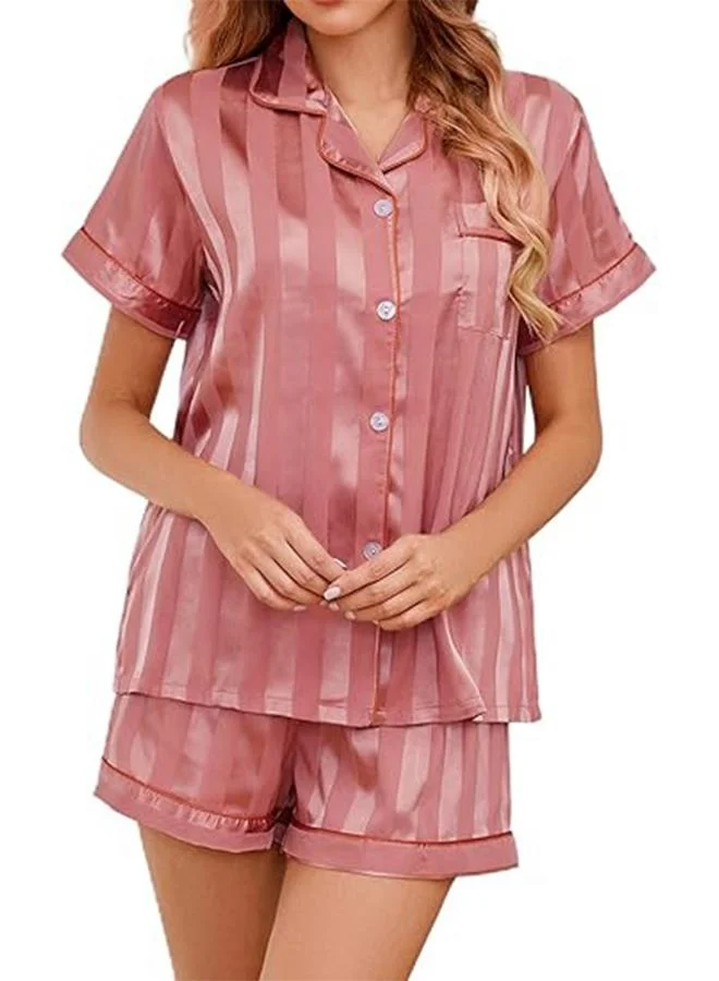Take Two Pink Striped Pattern Piping Shirt and Shorts Set
