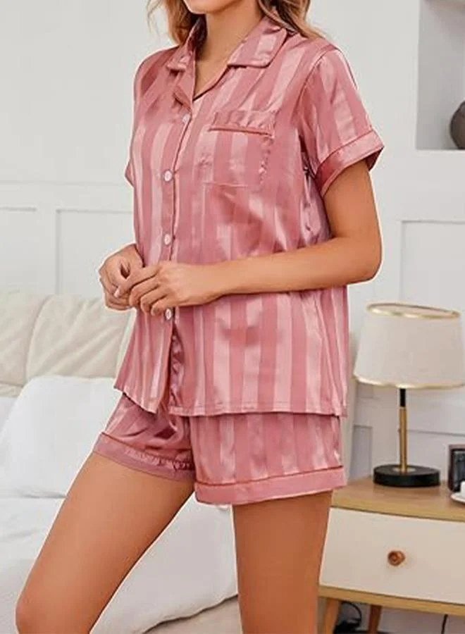 Take Two Pink Pink Striped Pattern Piping Shirt and Shorts Set for Women | Best Price UAE