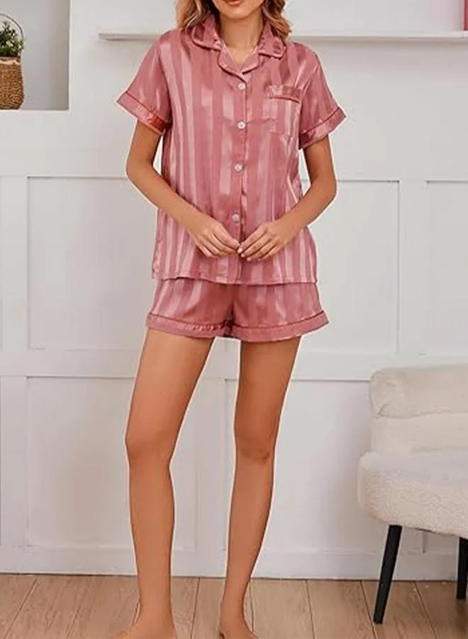 Take Two Pink Pink Striped Pattern Piping Shirt and Shorts Set for Women | Best Price UAE