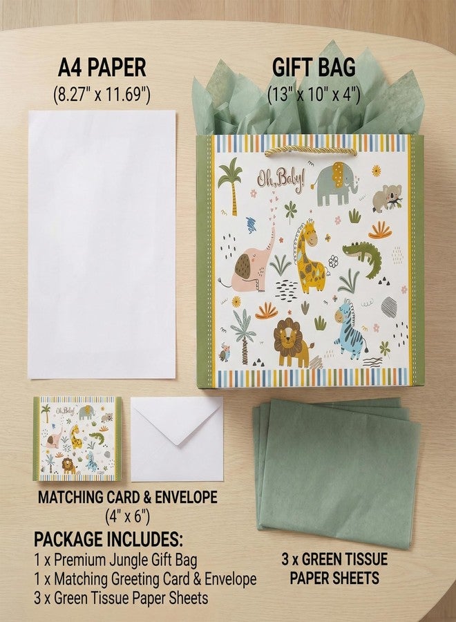 GFInYHM 13" Safari Animals Gift Bag for Baby Boy Shower, Jungle Theme Paper Present Bags with Tissue and Card, Neutral Wrapping - Image 2
