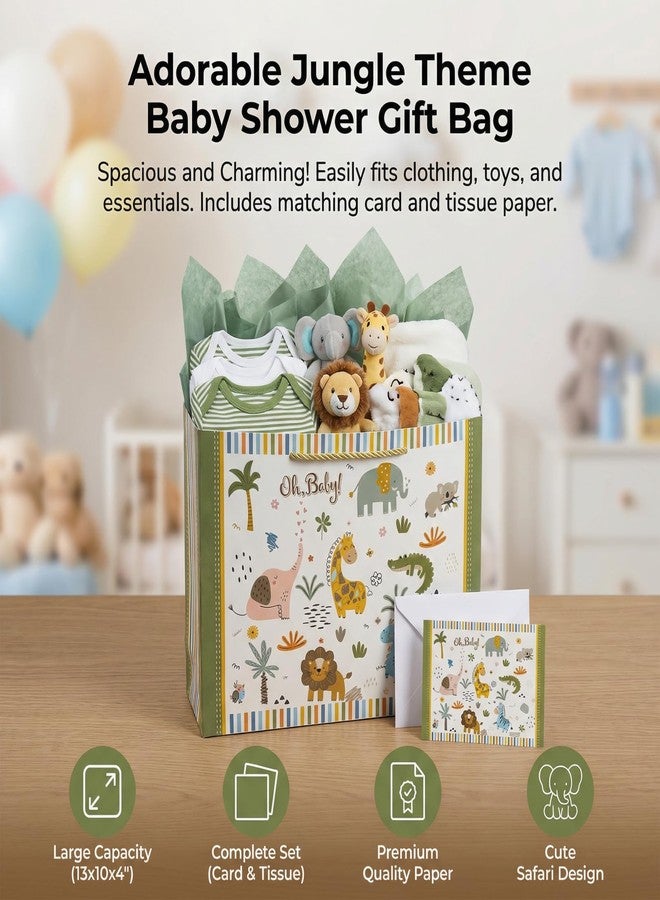 GFInYHM 13" Safari Animals Gift Bag for Baby Boy Shower, Jungle Theme Paper Present Bags with Tissue and Card, Neutral Wrapping - Image 4