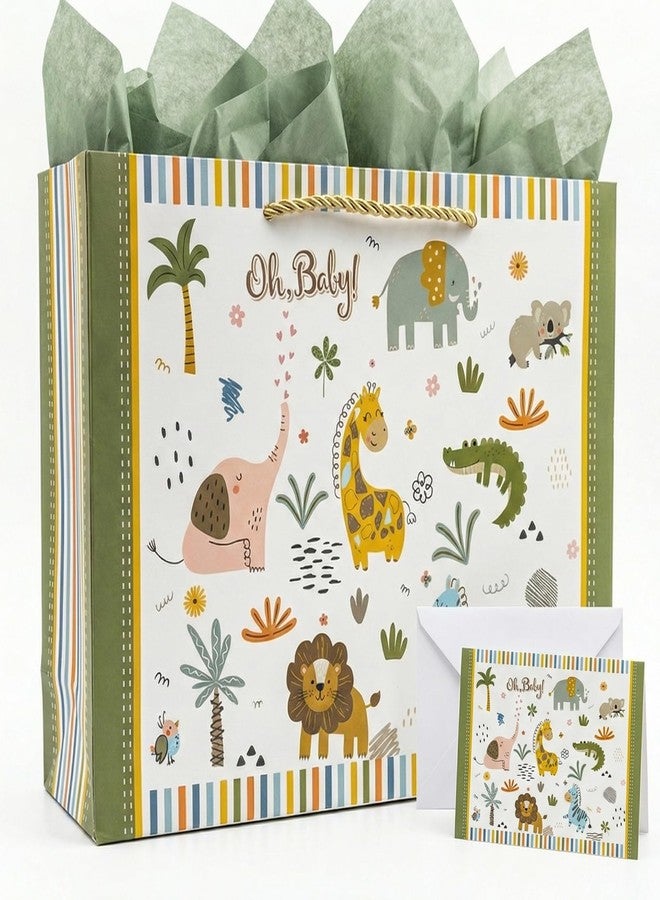 GFInYHM 13" Safari Animals Gift Bag for Baby Boy Shower, Jungle Theme Paper Present Bags with Tissue and Card, Neutral Wrapping - Image 1