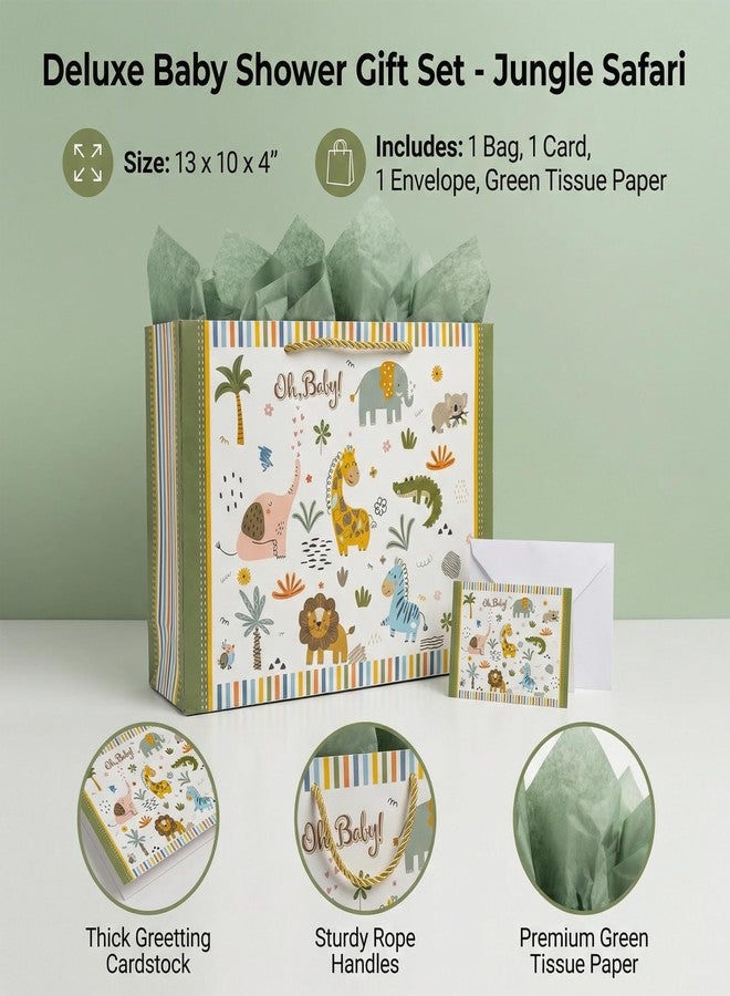 GFInYHM 13" Safari Animals Gift Bag for Baby Boy Shower, Jungle Theme Paper Present Bags with Tissue and Card, Neutral Wrapping - Image 5
