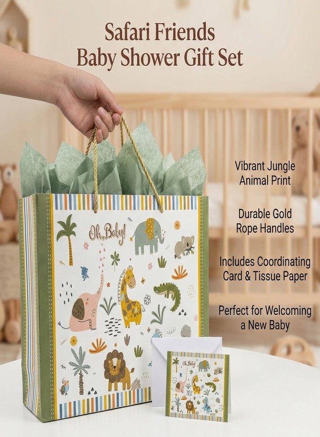 GFInYHM 13" Safari Animals Gift Bag for Baby Boy Shower, Jungle Theme Paper Present Bags with Tissue and Card, Neutral Wrapping - Image 3