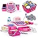 Prextex Grocery Store Pretend Play Electronic Toy Cash Register Set  STEM Cash Register for Kids with Microphone Play Money and Food Basket  Kids Checkout Toys with Scanner Pink - Image 4