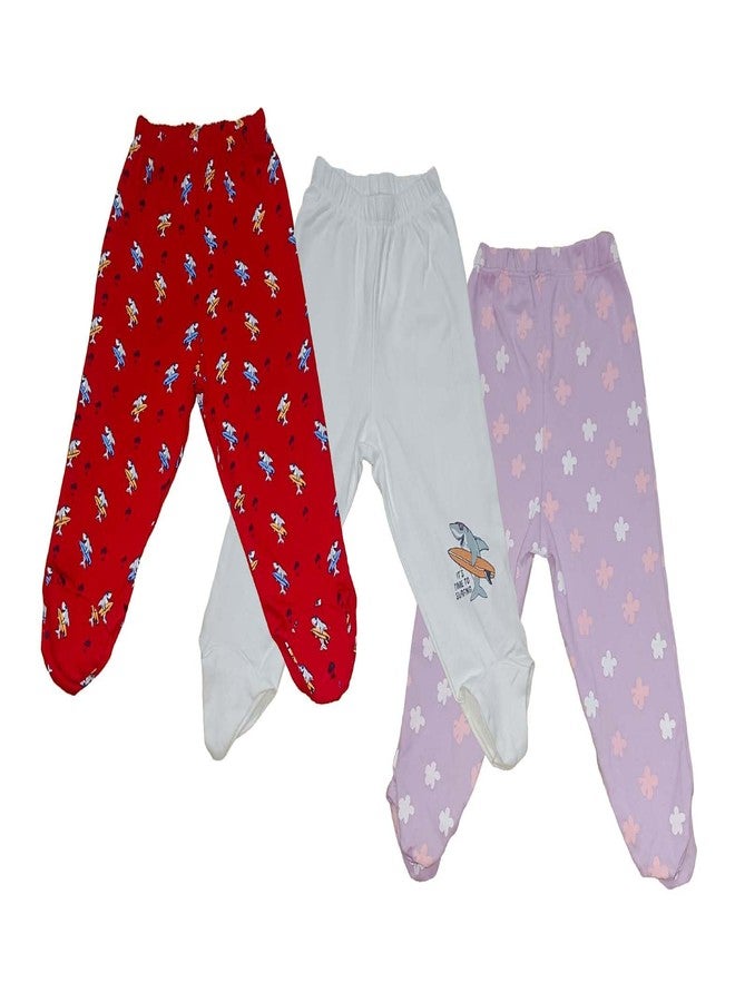 Cute Collection Baby Pants | Pajamas | Leggings with Footies| Booties Soft Cotton for 0 to 3 Months New Born Baby Boys & Girls Pack of 3 Pcs Multicolour - Image 1