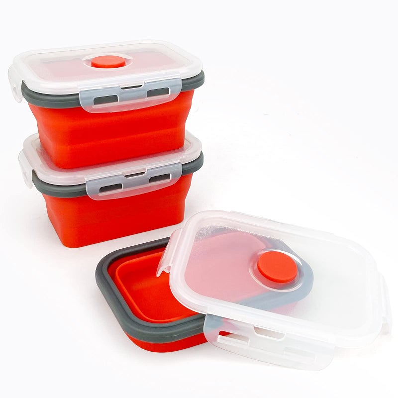 CCyanzi 3piece Collapsible Food Storage Containers with Lids, Silicone Lunch Container, Microwave & Freezer Safe, Space Saving for Kitchen Cabinet and Camping Backpack,(red gray) - Image 3