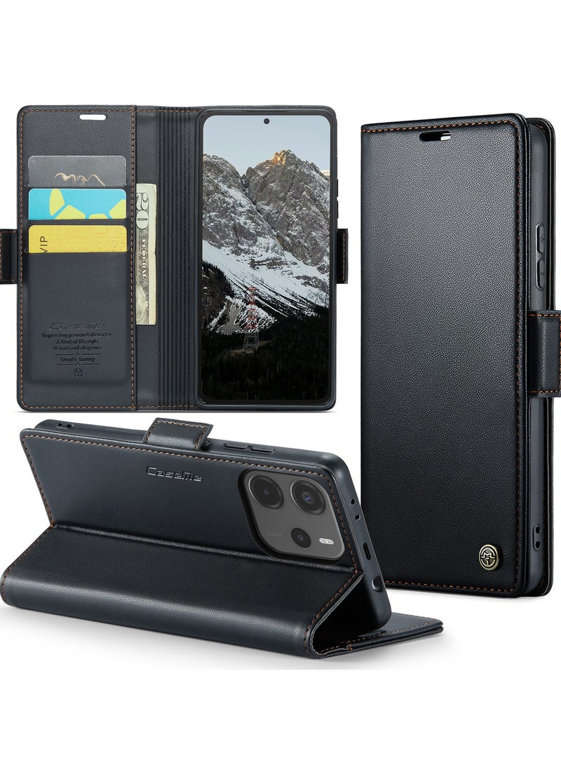 CaseMe Phone Case Luxury PU Leather Design Anti Fingerprint 023 Flip Cover Card Slot Holder Cover For Redmi Note 14 4G (Black ) - Image 2
